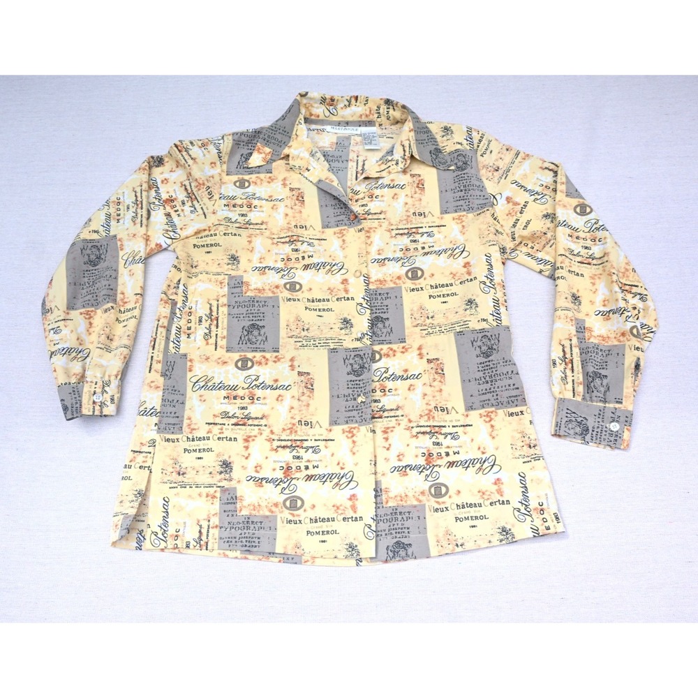Vintage 90s Martinique Womens 6 Novelty Wine Label Print Blouse Cream Swing Bold